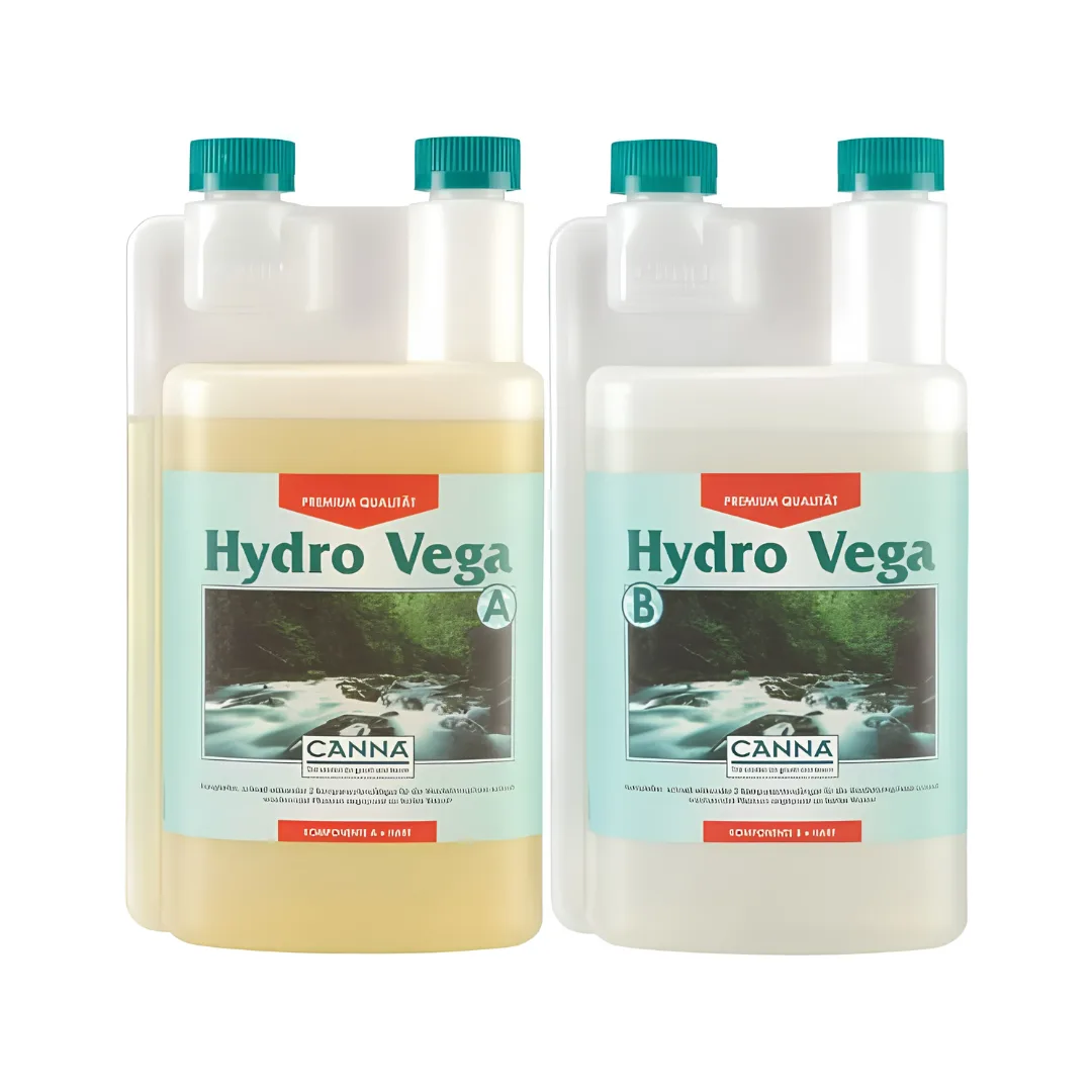 CANNA_HYDRO_VEGA Two Hydro Vega liquid fertilizer bottles (A and B) with teal caps and forest image on the label, side by side.