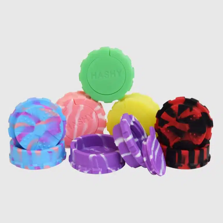 Cluster of colorful, textured rubber balls in blue, pink, purple, yellow, red, and green stacked together, with a green ball on top read­ing 'HASHY'.] ,