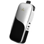 Slim silver and black pod vape with a top mouthpiece and side control buttons