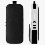 Two angles of a fabric-covered handheld audio device with a white frame and top connector, shown from front and side.