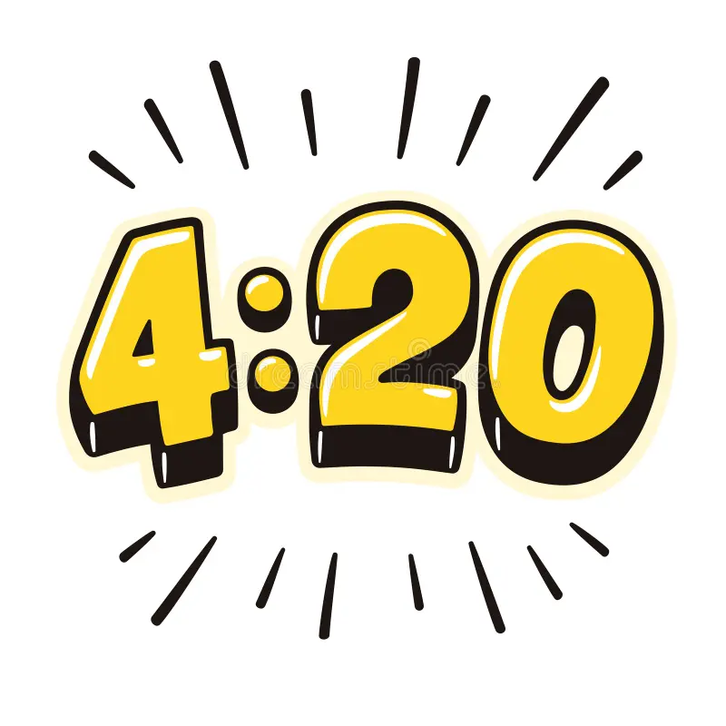 Cartoon illustration of the time 4:20 in bold yellow numbers with a black outline and radiating lines around it