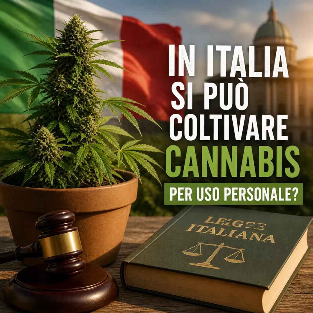 Cannabis plant in a pot with an Italian flag and a law book; text asks, 'In Italia si può coltivare cannabis per uso personale?'. A gavel sits nearby, hinting at legality.