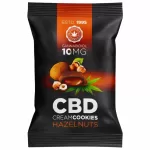 Black snack bag labeled CBD Cream Cookies Hazelnuts with 10 mg CBD, featuring hazelnuts and an orange ESTD. 1995 banner.