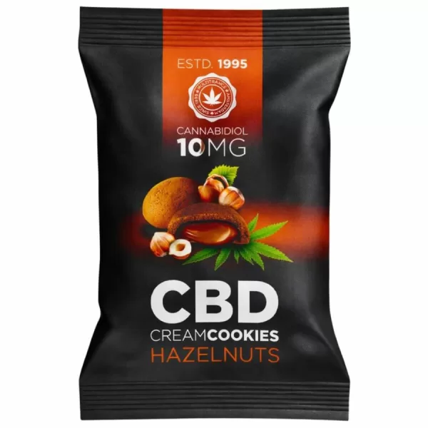 Black snack bag labeled CBD Cream Cookies Hazelnuts with 10 mg CBD, featuring hazelnuts and an orange ESTD. 1995 banner.