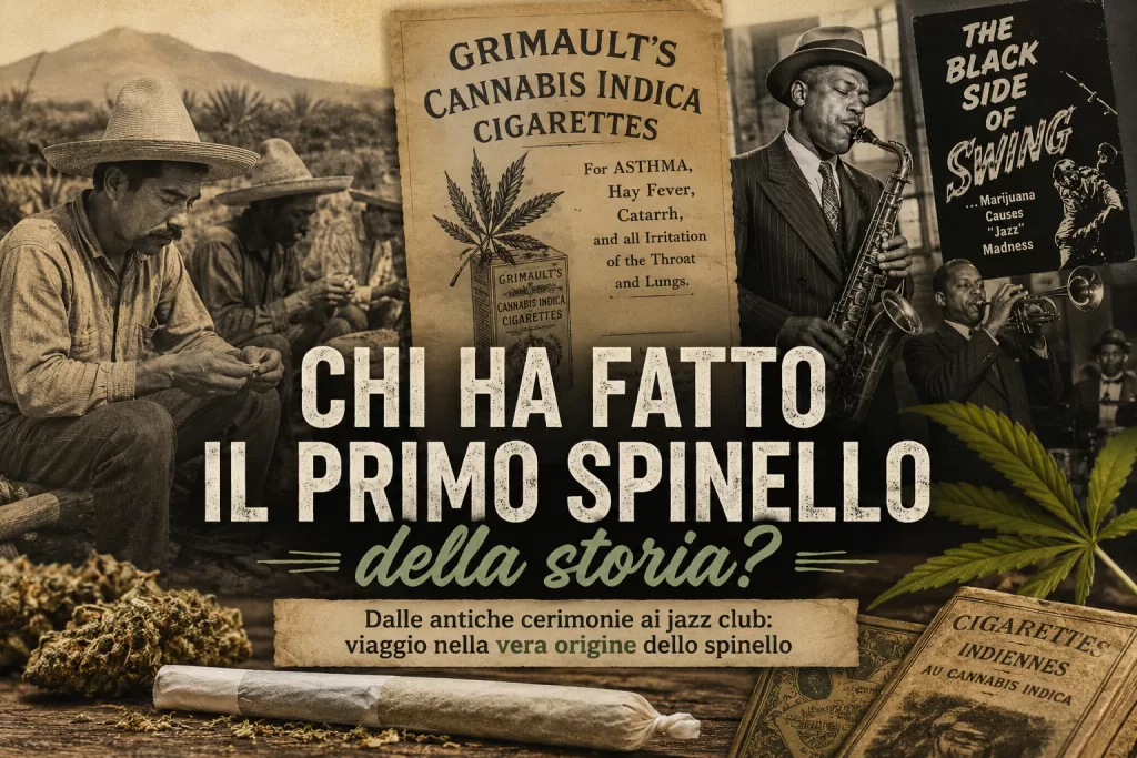 Vintage collage poster about the origin of cannabis, featuring musicians, a cannabis leaf, and old ads in sepia tones.