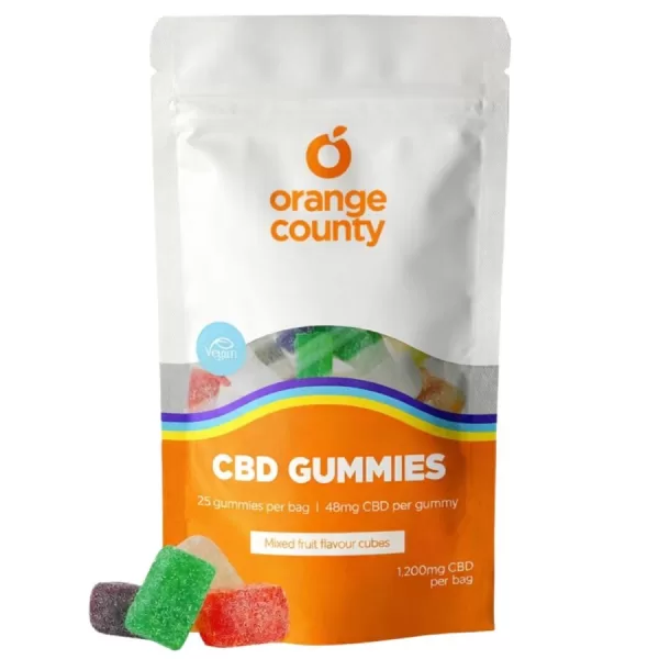 CBD gummies package from Orange County with mixed fruit-flavor gummies beside the bag