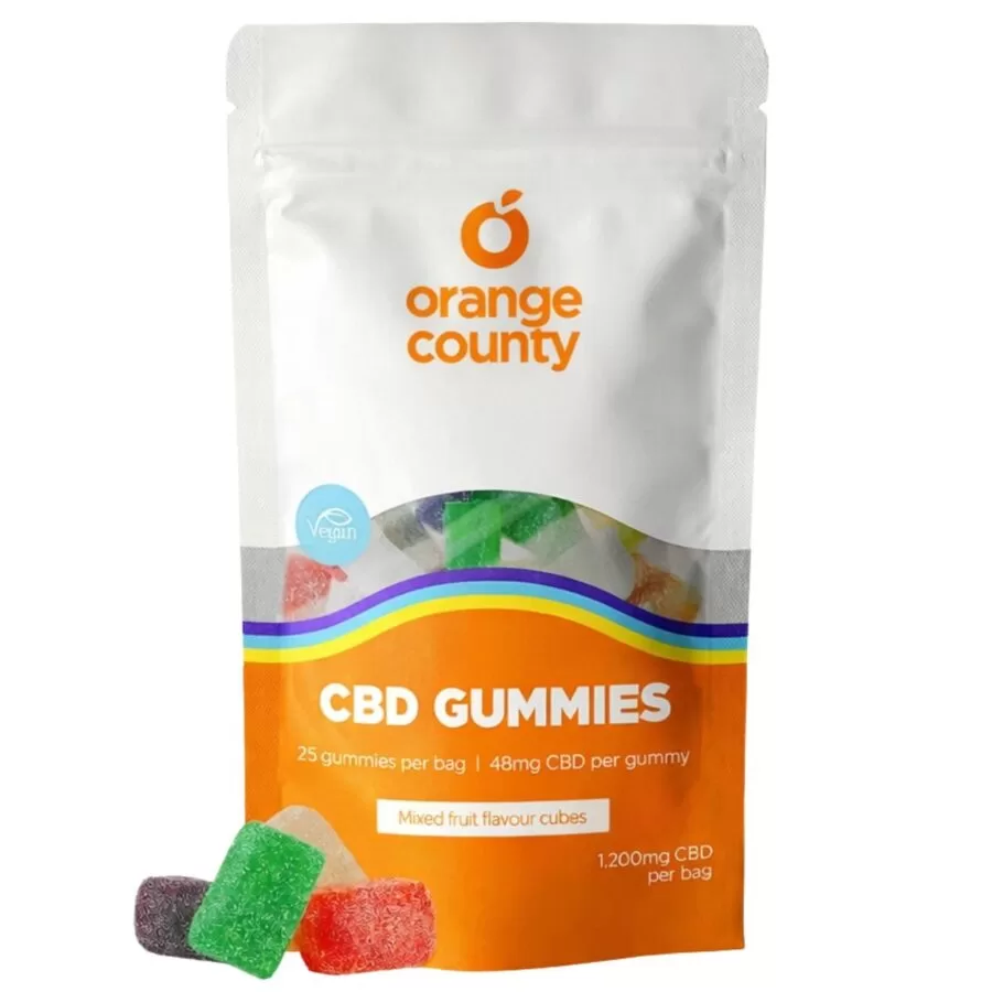 Orange-County-CBD-Gummies-Mixed-Fruit-Flavor-Cubes-1200mg-CBD-900x900 CBD gummies package from Orange County with mixed fruit-flavor gummies beside the bag