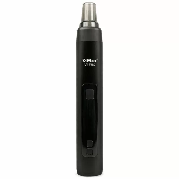 Black X Max V4 Pro vape pen standing upright with mouthpiece on top and a rectangular power button area on the body