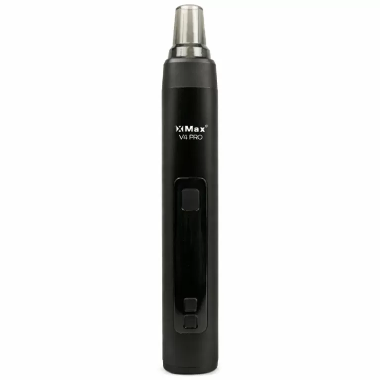 Black X Max V4 Pro vape pen standing upright with mouthpiece on top and a rectangular power button area on the body