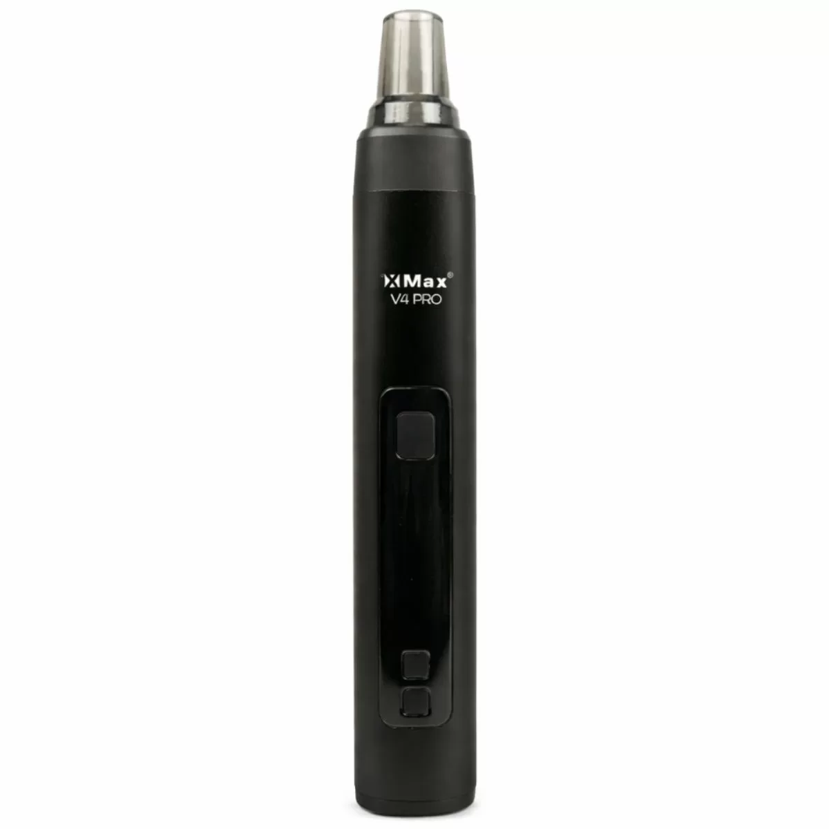 XMax-V4-Pro-Dry-Herbs-Vaporizer-Black Black X Max V4 Pro vape pen standing upright with mouthpiece on top and a rectangular power button area on the body