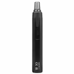 Black vape pen standing upright, with a clear mouthpiece at the top and a side USB-C charging port and power button on the body