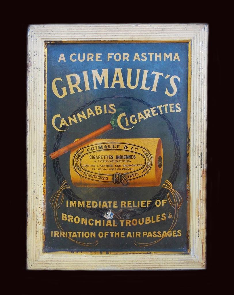 Vintage framed advertisement for Grimault's Cannabis Cigarettes with a slogan 'A Cure for Asthma' and 'Immediate relief of bronchial troubles'.