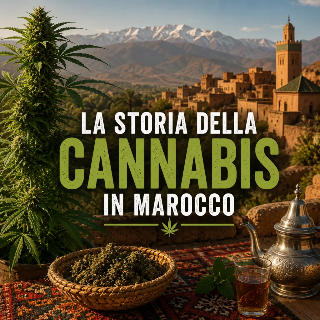 Cannabis plant in foreground with a Moroccan village and snowy mountains; bold text reads 'CANNABIS IN MAROCCO'.