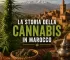 Cannabis plant in foreground with a Moroccan village and snowy mountains; bold text reads 'CANNABIS IN MAROCCO'.