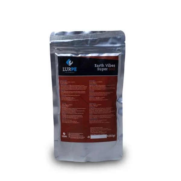 Silver stand-up resealable pouch with a red label that reads 'LURPE Earth Vibes Super Soil'.