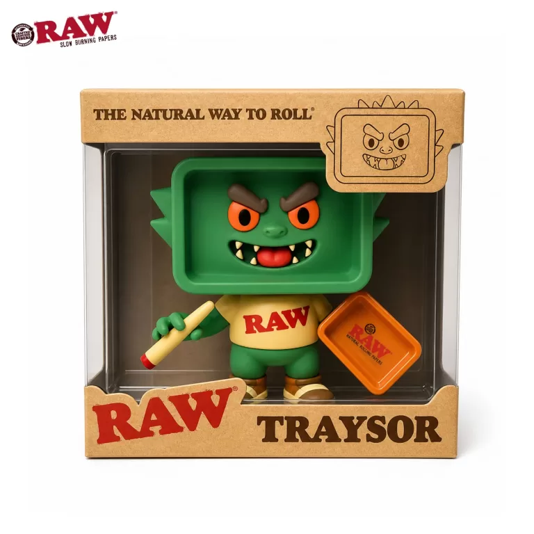 Green monster toy inside RAW packaging, with bold RAW text on a cardboard sleeve above the figure.