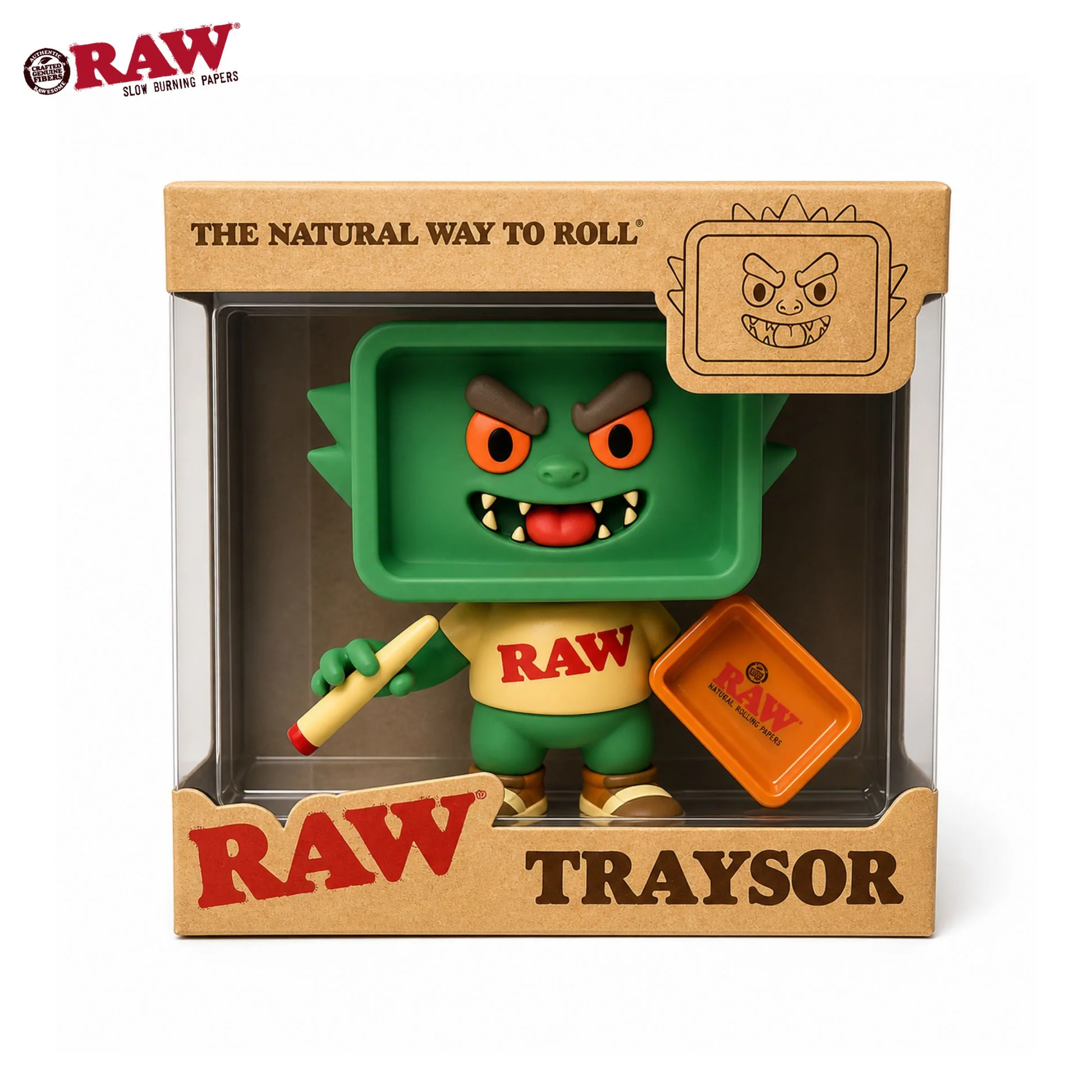 raw-traysor-collectable-figures_4 Green monster toy inside RAW packaging, with bold RAW text on a cardboard sleeve above the figure.