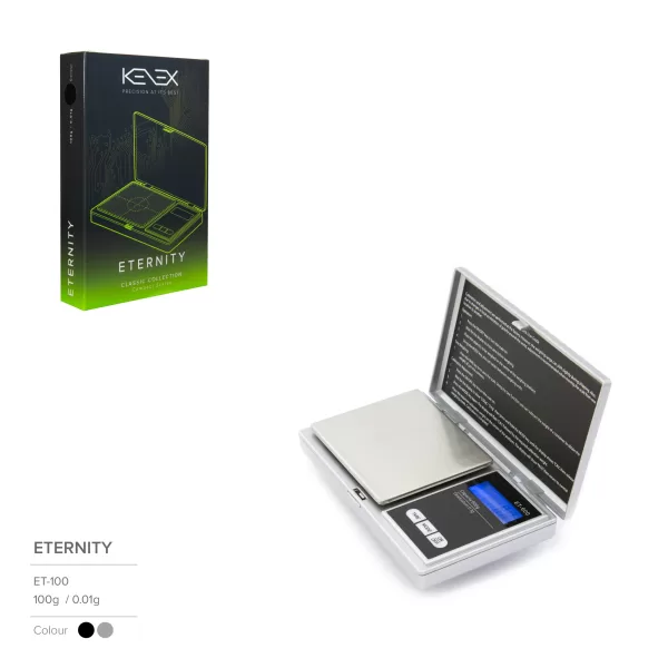 Product packaging for an Eternity ET-100 precision scale, showing a neon-green outline of the device and color options (black/gray). The box also displays 'ETERNITY' and 'ET-100' text on a dark background.
