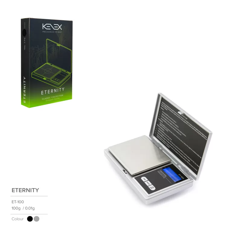 Product packaging for an Eternity ET-100 precision scale, showing a neon-green outline of the device and color options (black/gray). The box also displays 'ETERNITY' and 'ET-100' text on a dark background.