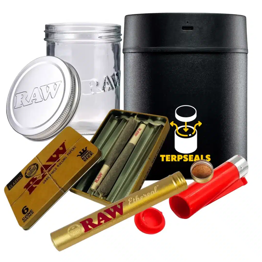 Smoking accessory kit including RAW rolling papers, a grinder, a glass jar, a black TerpSeals container, and a red lighter.