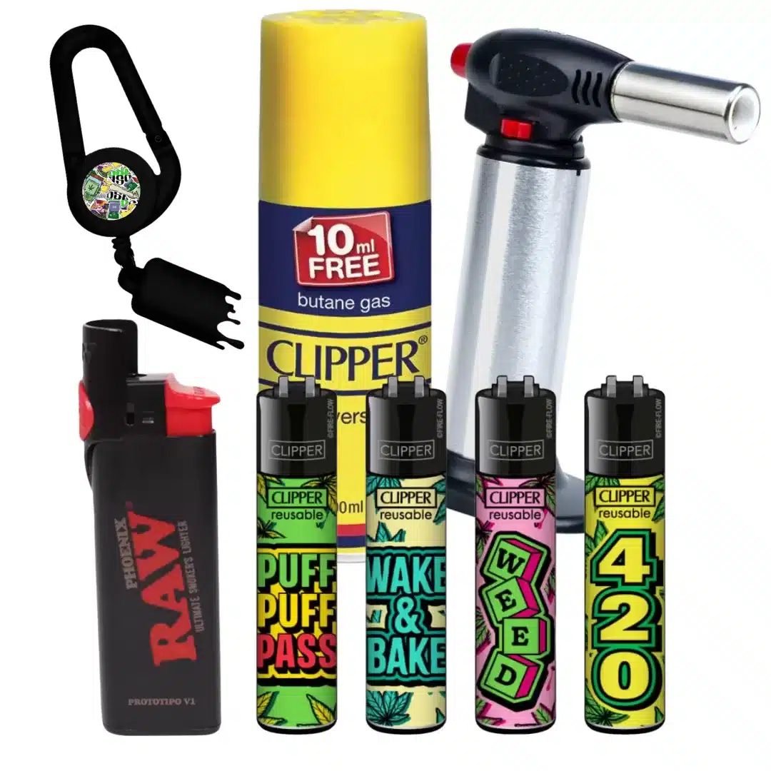 Assortment of Clipper refillable lighters with bright, graphic designs, plus a yellow butane gas can and a handheld torch lighter to the right.