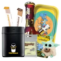 A playful gift bundle featuring a black Terpseals jar, snack pouches, a red honey‑colored bottle, a colorful lunchbox with a cartoon mouse, and a Grogu figure holding a piece of food.