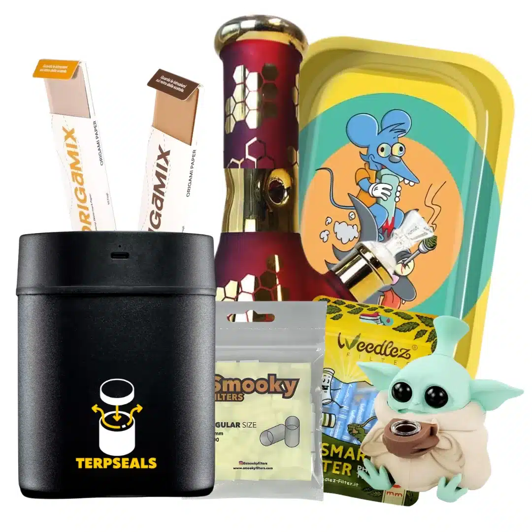 A playful gift bundle featuring a black Terpseals jar, snack pouches, a red honey‑colored bottle, a colorful lunchbox with a cartoon mouse, and a Grogu figure holding a piece of food.