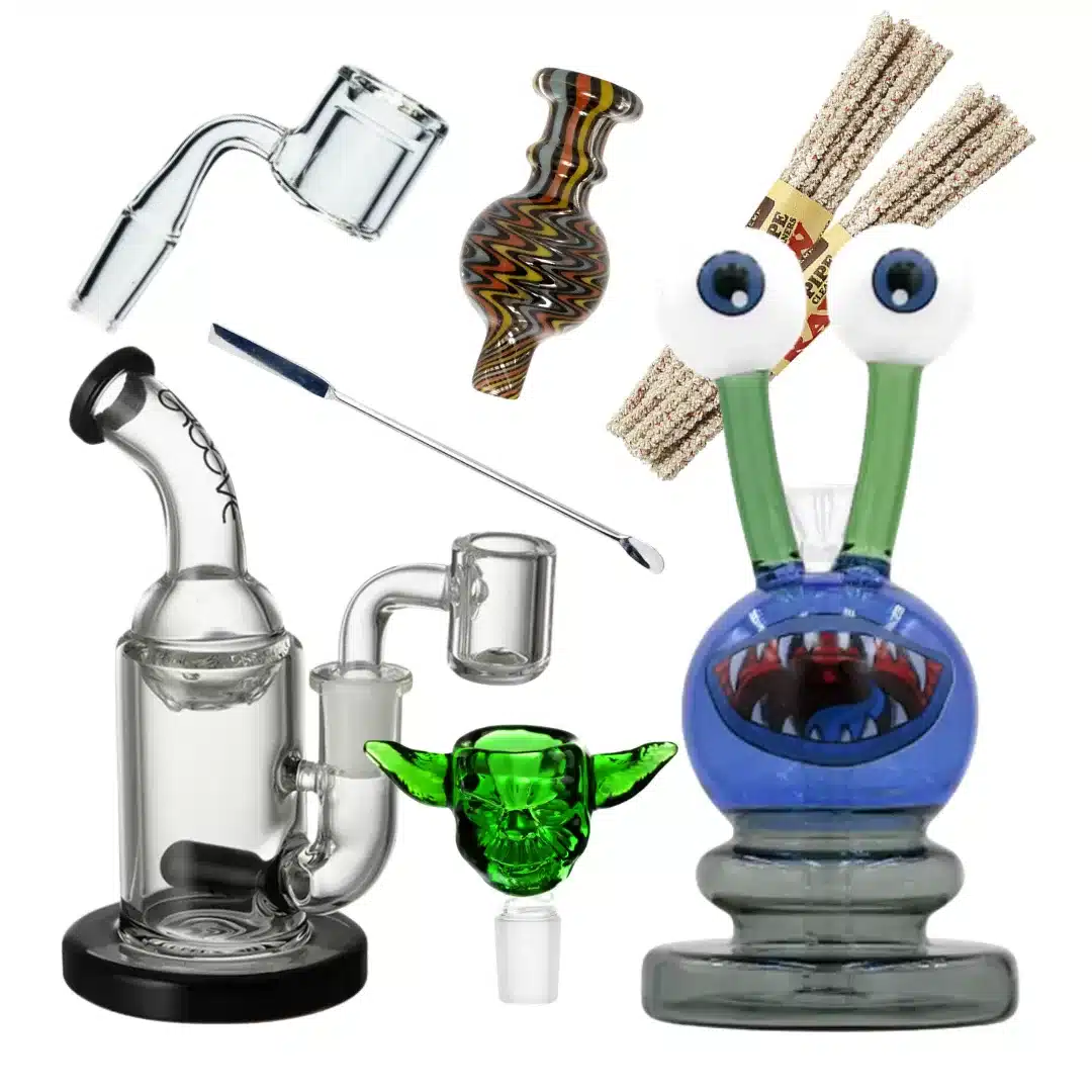 Assorted glass smoking devices: bong, dab rigs, pipes, and cleaning brushes in a colorful collection.