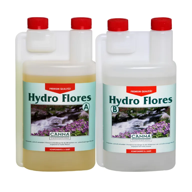Pair of Hydro Flores nutrient bottles A and B with red caps, labeled by CANNA, placed side by side on white background.