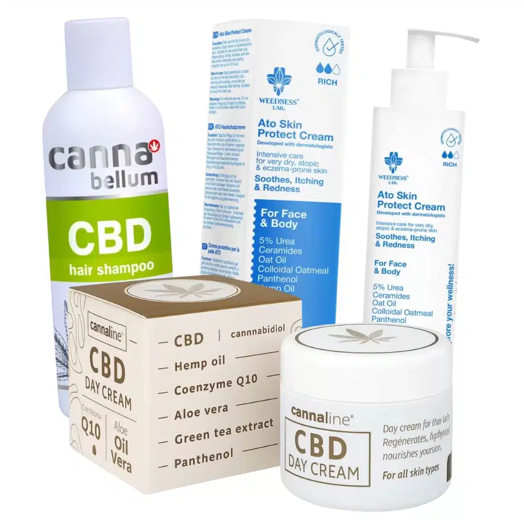 Assorted CBD skincare products including CBD hair shampoo, day cream, and face/body creams with packaging details visible for skincare use.