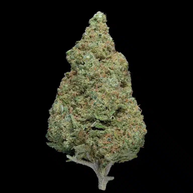Close-up of a frosty cannabis bud with green and purple hues against a black background, showing trichomes and orange pistils.