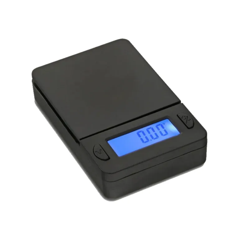 Black pocket digital scale with a blue backlit LCD showing 0.00 grams (front-facing view).