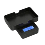 Compact digital pocket scale with a rectangular empty weighing tray on top and a blue backlit display showing 0.00