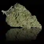 Close-up of a cannabis bud with green and orange hairs against a black background.