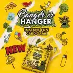 Cover of the card game Banger or Hanger: Instant Fun Card Game, bright yellow with cartoon broccoli, pizza, ice cream and other doodles around the title.