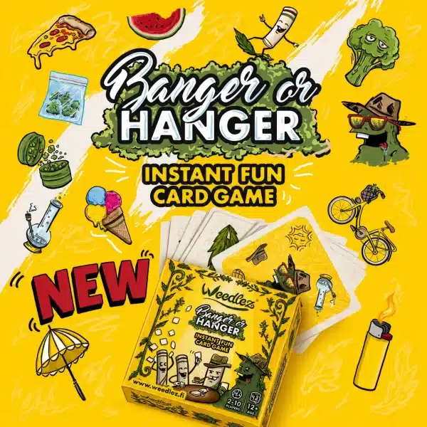 Cover of the card game Banger or Hanger: Instant Fun Card Game, bright yellow with cartoon broccoli, pizza, ice cream and other doodles around the title.
