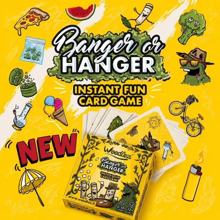 Cover of the card game Banger or Hanger: Instant Fun Card Game, bright yellow with cartoon broccoli, pizza, ice cream and other doodles around the title.