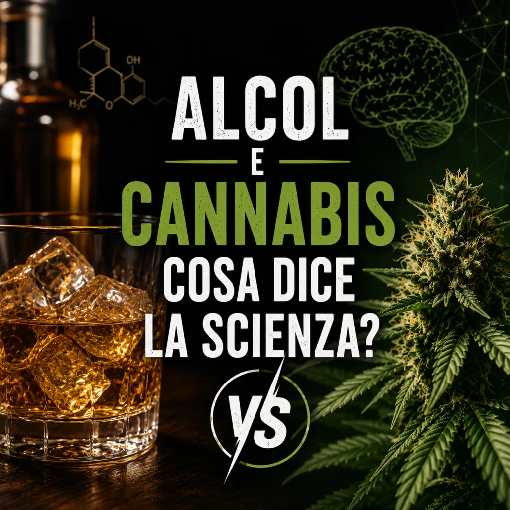 Thumbnail showing whiskey glass and cannabis plant with Italian title 'Alcol e Cannabis: Cosa dice la scienza?'