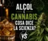 Thumbnail showing whiskey glass and cannabis plant with Italian title 'Alcol e Cannabis: Cosa dice la scienza?'