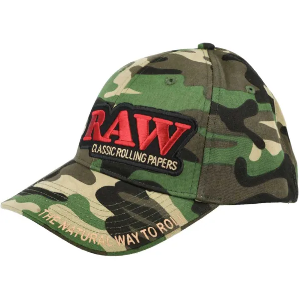 Camouflage baseball cap featuring a red RAW patch and the slogan 'The natural way to roll' along the brim.