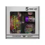Silver metallic gift box labeled 5 Piece Set containing a colorful smoking kit with a pipe, grinder, and accessories visible through a clear window.