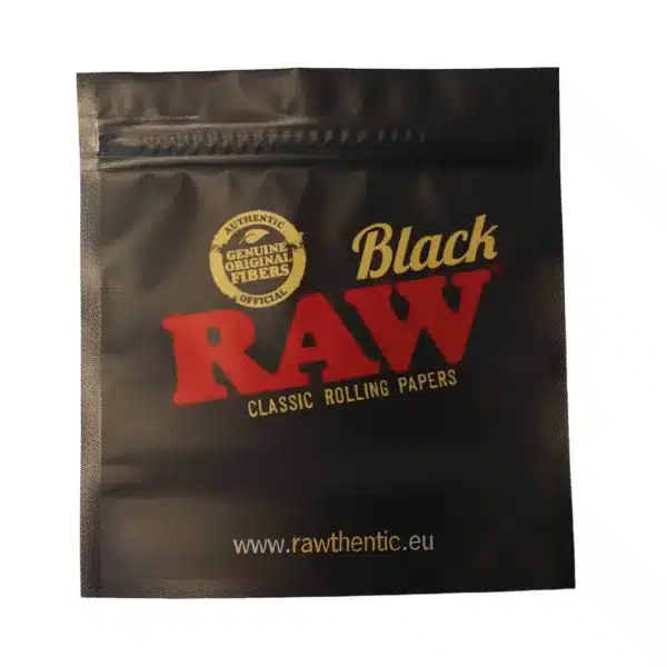 Black RAW rolling papers package with red 'RAW' logo and gold authenticity seal on a black pouch.