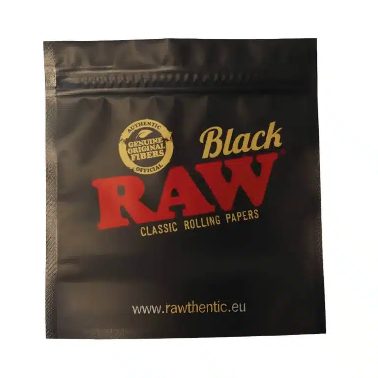 Black RAW rolling papers package with red 'RAW' logo and gold authenticity seal on a black pouch.
